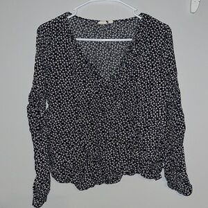Black and White Wrap Blouse with Long Sleeves